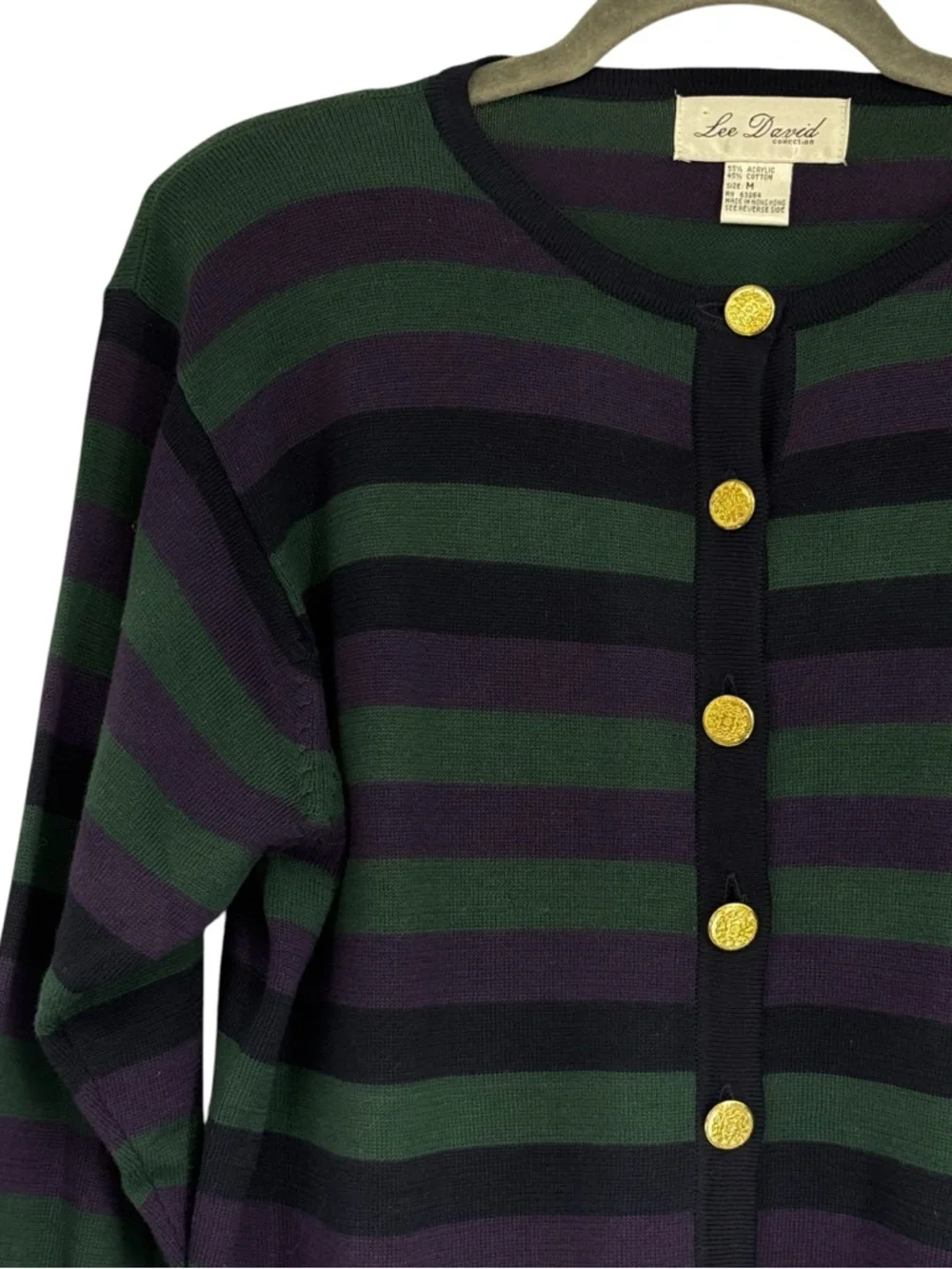 Lee David Collection Medium Green/Purple/Black Acrylic/Cotton Striped Cardigan